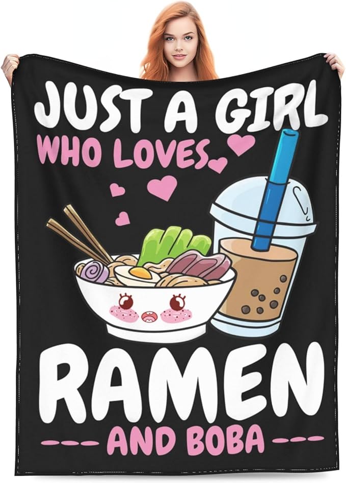 Ramen Blanket Just A Girl Who Loves Ramen and Boba Throw Blanket Super Warm Soft Plush Lightweight Fleece Flannel Ramen Noodles Blanket Gifts for Girls Baby Kids Women for Sofa Couch Bedding 40"X50"