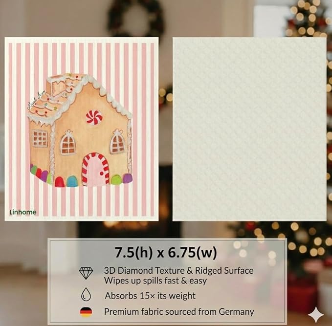 Holiday Christmas Swedish Dishcloth – Reusable Paper Towel Alternative, Ultra-Absorbent Cellulose/Cotton, Machine Washable & Compostable (Gingerbread House, 1-Pack)