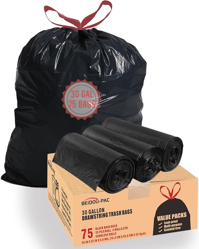 BEIDOU-PAC 30 Gallon Trash Bags Drawstring, 75 Count Bulk, Black & Unscented, Multi-purpose Garbage Bags Can Liners for Business Home Kitchen Commercial and Industrial