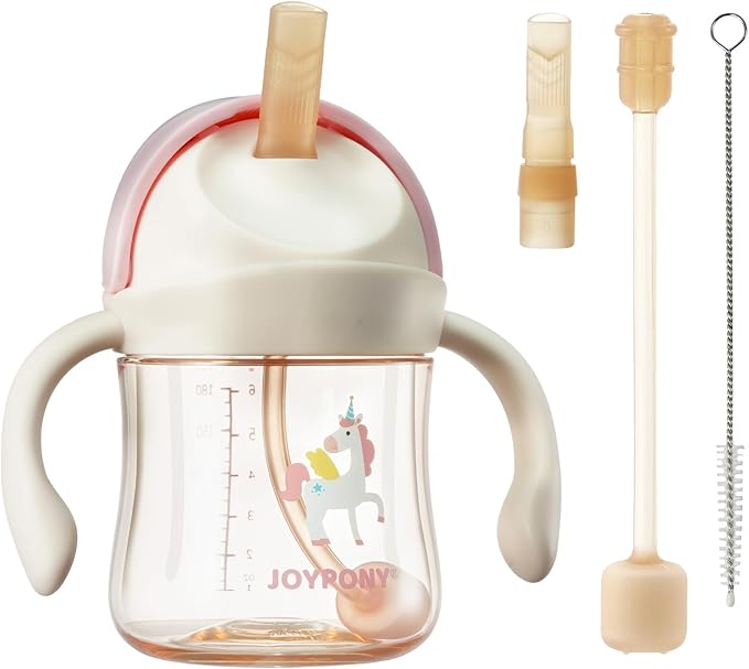 Joypony Baby Sippy Cups 6-12 Months, Spill Proof Weighted Straw Cup with Handle for Toddlers 1-3, 2 Silicone Straws, PPSU, BPA Free, 6 oz (Pink)