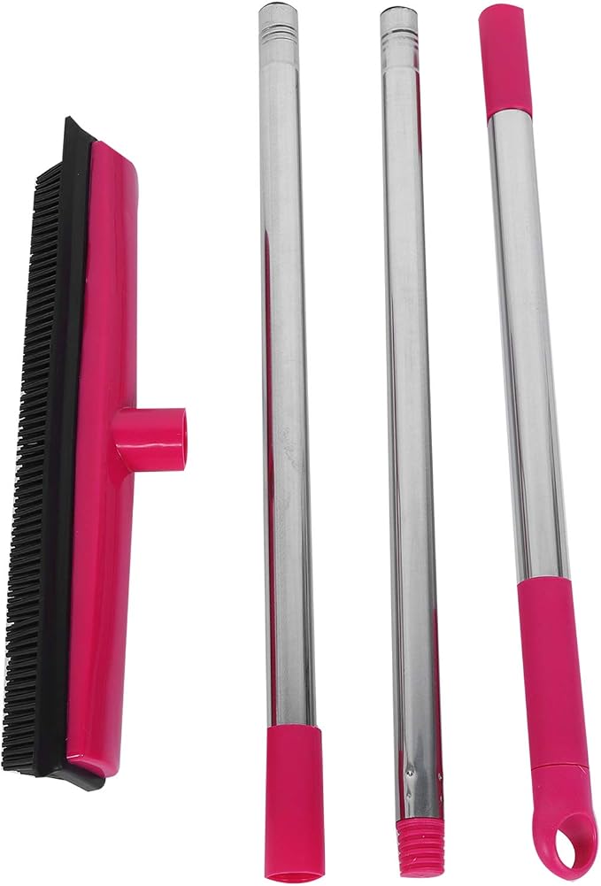 Pet Hair Remover, Carpet Rake for Pet Hair Removal, 2 in 1 Removal Tool of Rubber Broom and Squeegee for Floor, Length Adjustable Push Broom, Pet Dog and Cat Hair Remover (Pink)