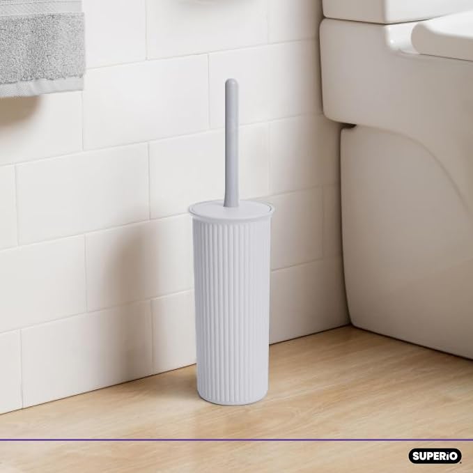 Superio Ribbed Collection - Decorative Plastic Toilet Bowl Brush and Holder Set, White Smoke (1 Pack) Cleaner Scrubber for Bathroom