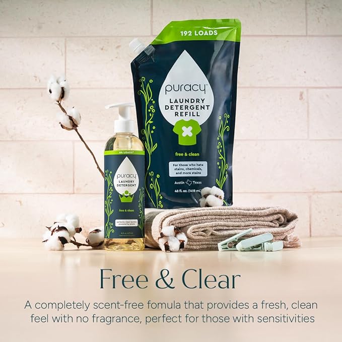Puracy Laundry Detergent Refill - Enzyme-Powered Liquid Detergent Concentrate, Natural Laundry Detergent Seen on TikTok, Non-Toxic (Free & Clear, 48 fl oz, 192 Loads)