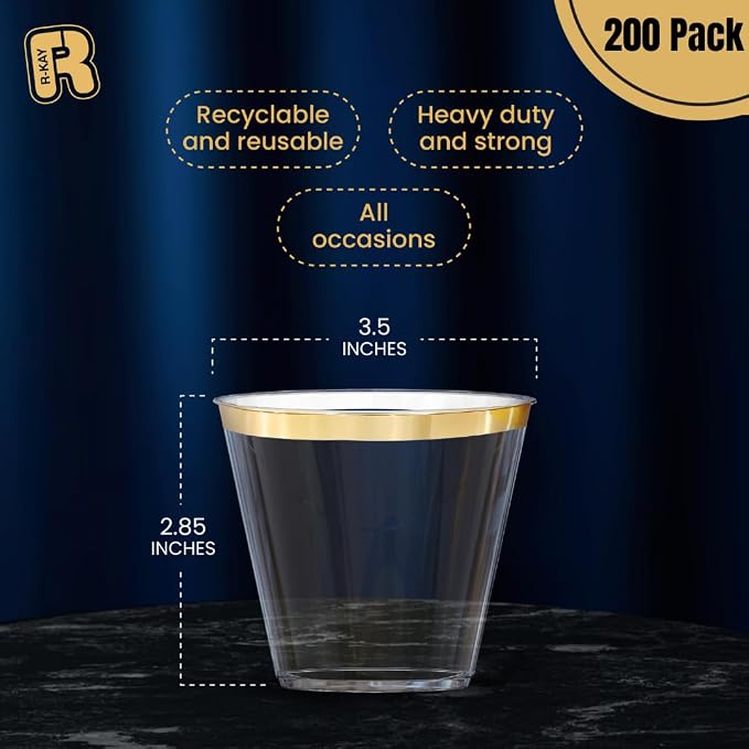 R-kay 200 Pack Gold Plastic Cups For Party - Plastic Cups 9 oz - Party Cups Disposable - Premium Heavy Duty Gold Cups - Disposable Wine Glasses For Wedding - Plastic Wine Glasses/Disposable Cups