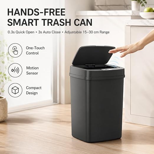 DZT-12-5S Smart Motion Sensor Trash Can 10.3 * 7.8 * 14.1inch | 0.3s Fast Opening, Auto Close & Touch-Free Operation for Home and Office (Black)