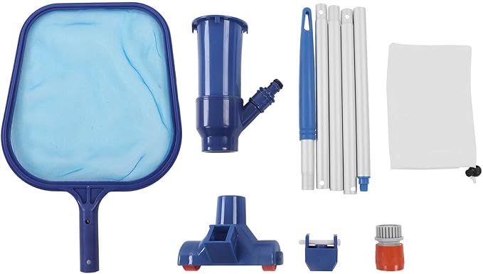 Pool Vacuum Head and Skimmer Net Set Heavy Duty Professional Grade Pool Cleaning Kit with 5 Piece Aluminum Telescopic Pole for Swimming Pools Hot Tubs Spas ABS Nylon Blue
