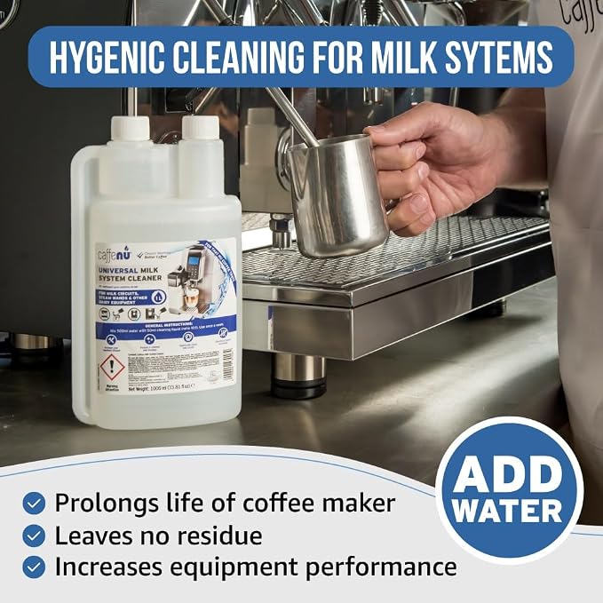Caffenu Universal Milk System Cleaner – Professional Alkaline Liquid for Coffee Machines – Sanitizes & Removes Milk Blockage from Steam Wands & Automatic One-Touch Circuits – 1L (33.81 fl oz)