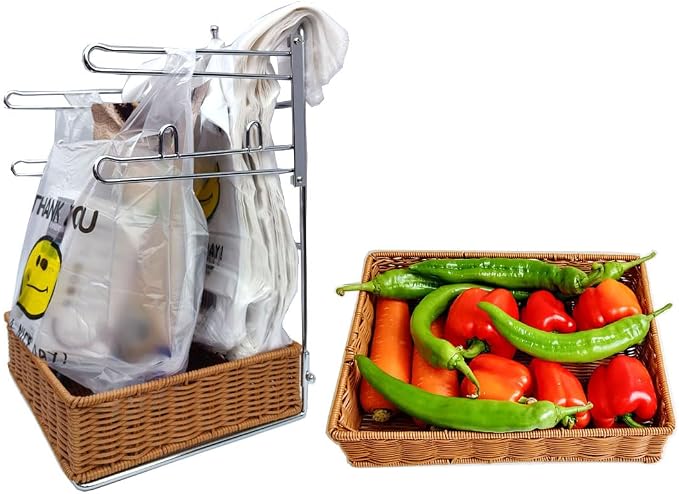 T-shirt shopping bag rack and dispenser, grocery store counter plastic bag rack with a nice wicker basket base, transforms cluttered shopping bags into a neat and easy-to-use storage solution