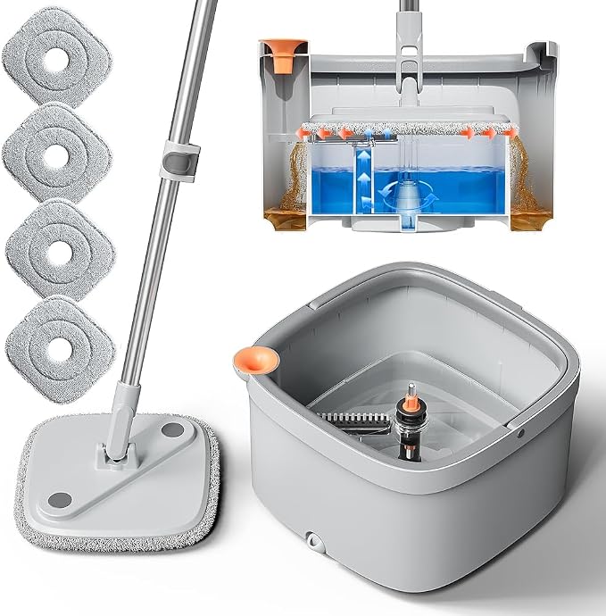 Spin Mop and Bucket Set with Self Separation Dirty and Clean Water System, Self Wringing 360° Rotating Square Mop Head for Home Floors Cleaning (1.0 Mop and Bucket Set (4 Pads))