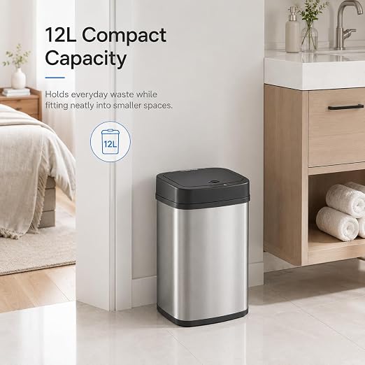 DZT-12-5 12L Stainless Steel Smart Waste Bin with Motion Sensor | Touchless Auto-Open Lid & Soft-Close for Bathroom, Kitchen & Office (Sliver)
