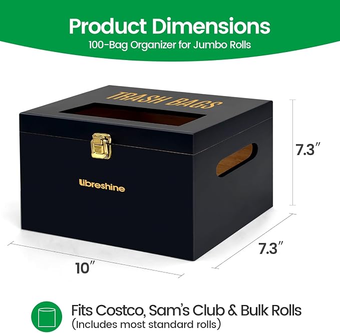 Libreshine Extra Large Black Bamboo Trash Bag Organizer Roll Holder, Fits Costco & Sam's Club Jumbo Rolls, Under-Sink, Cabinet & Wall Mount Dispenser, Garbage Bag Storage for Kitchen, Pantry, Garage