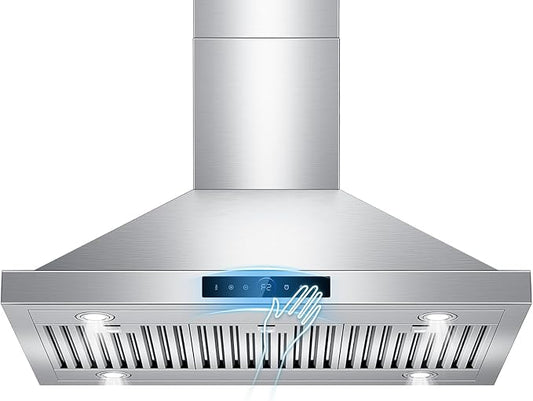 36 inch Island Range Hood Ceiling Mount 1200 CFM with 4-Speed Gesture Sensing & Touch Control, Ducted/Ductless Stainless Steel Kitchen Stove Vent Hoods with 4 LED Lights, Timer,Dishwasher-Safe Filters