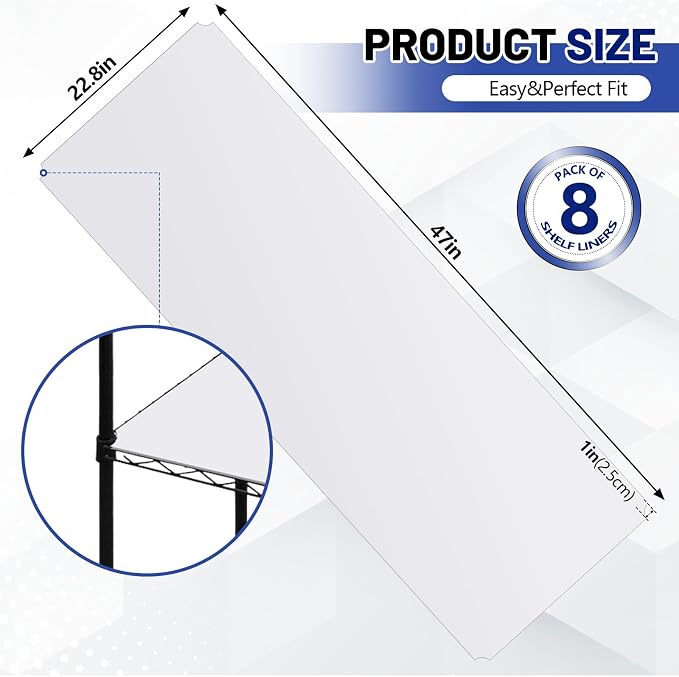 Sliner 8 Pcs 24 x 48 Inch Wire Shelf Liner White Plastic Waterproof Liners for Organizing Metal Rack Shelves, Kitchen Cabinets, Cupboard, Pantry