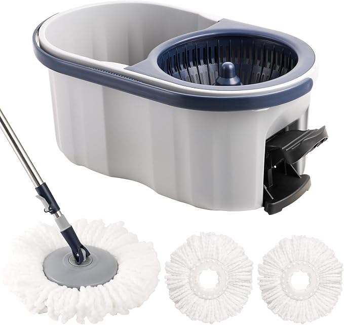 Spin Mop and Bucket Set 180° Swivel Mop Head Adjustable Telescopic Handle Dual Chamber Bucket 3 Refills Dual-Action Wringing Hand-Press Foot-Peda Hands-Free Self-Cleaning System for All Floor Types