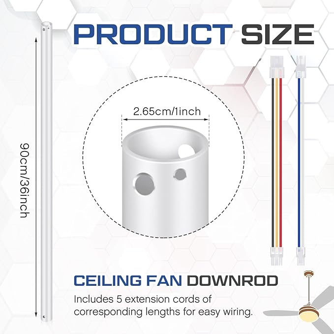 VIHOSE 36 Inch Ceiling Fan Downrod with Extension Cord 3 ft White Downrod for Ceiling Fan 1 Inch Outside Diameter Not Threaded Suitable for a Wide Range of Fans