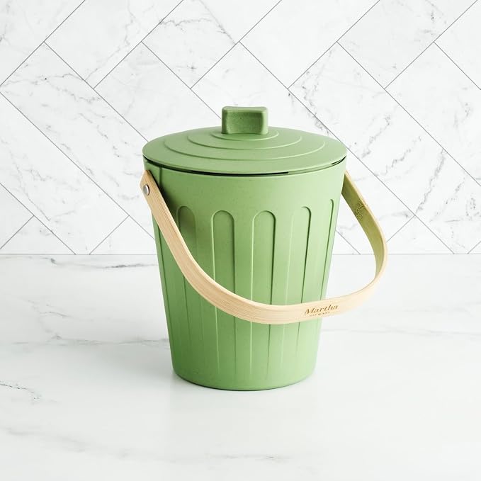 Martha Stewart Indoor Compost Bin Starter Bundle | Countertop Composting Bucket for Kitchen | .7 Gallon Capacity | Includes 6 Filters and Silicone Liner Bag | Plant Based Materials | Sage Green