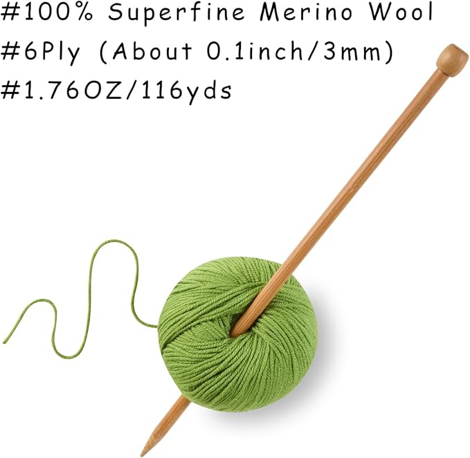 100% Merino Wool Yarn, 6-Ply Luxurious and Soft Yarn for Hand Knitting & Crocheting, 1.76 OZ/50g, 127 yds/116 Meters(DeepGrass Green, 1 Ball)