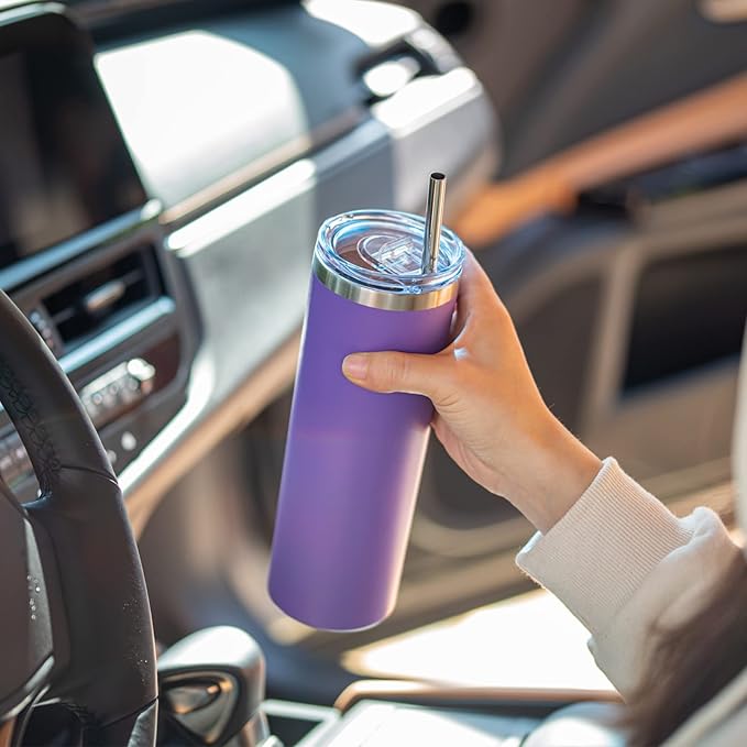 koodee 20 oz Skinny Tumbler (2 Pack) Stainless Steel Double Wall Insulated Water Tumbler Cup with Straw, Slim Travel Tumbler for Women Diy Birthday Gift (Purple-Pink)