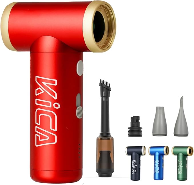 KiCA JetFan 2S Combo Compressed AirCan Substitute,117000RPM Air Duster Electric Blower for ComputerKeyboard Cleaning,Hair Drying,Camping,Outdoors,Car,Barbershop,Handmade,Rechargable,Metal Body,Red
