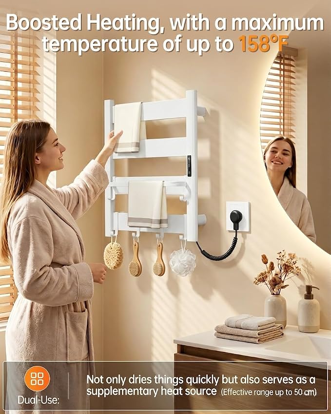 4-Bar Heated Towel Rack for Bathroom with Shelf and Hooks, Wall Mounted Plug-in Electric Towel Warmer, Fast PTC Heating in 6 Minutes, 3 Temperature Levels & 6 Timer Settings, Matte White