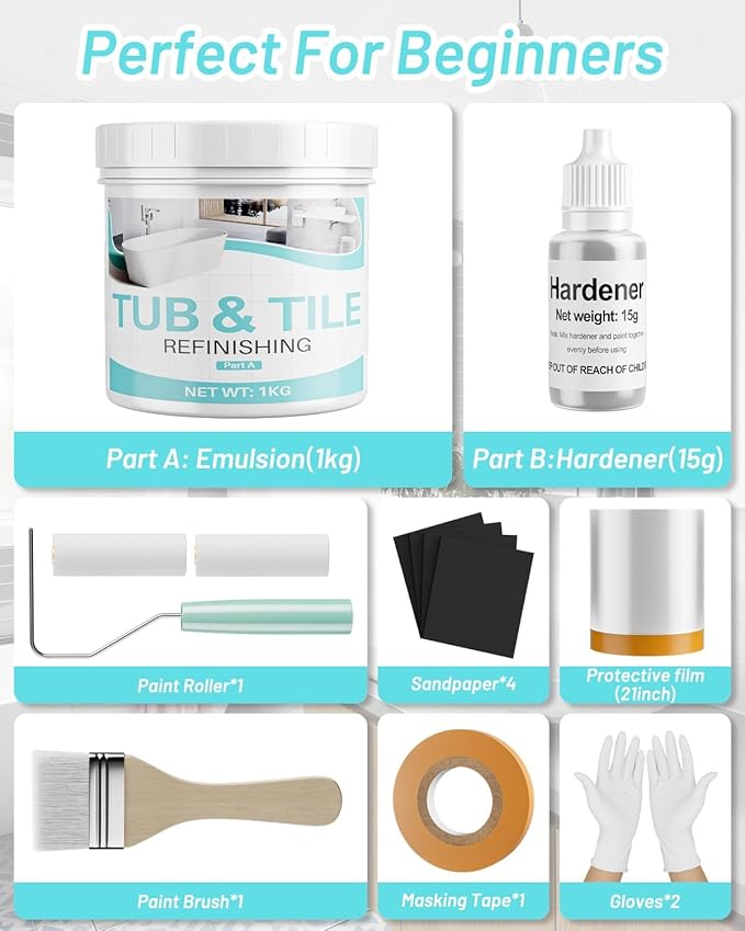 Tub Paint for Bathtub, 35oz Tub and Tile Refinishing Kit with Tools, Water Based Bathtub Paint White for Tile, Toilets, Kitchen, Sink