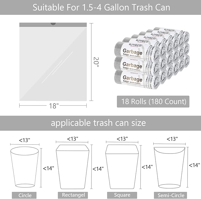 ELPHECO 2.5 Gallon Trash Bags │ 15 Liters Drawstring Garbage Bags │ Small Trash Bags For Bathroom Office Living Room Use │ Suitable For 1.5-4 Gallon Trash Can │ 18"×20" │ 180 Count / 18 Rolls │ A