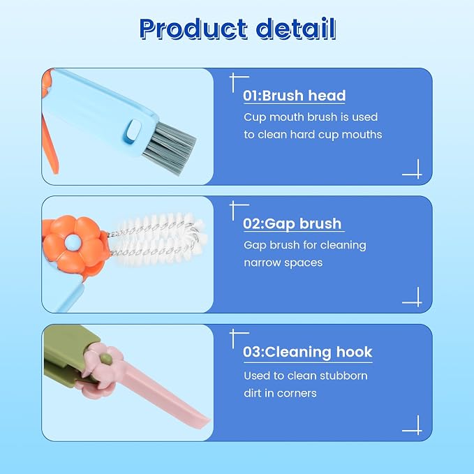 6pc 3 in 1 Cup Lid Cleaning Brush, 180° Rotatable Multifunctional Crevice Cleaner for Water Bottle Tumbler Baby Bottle, Cup Lid Gap Brush with Soft & Firm Bristles + Pick, 6 Pack