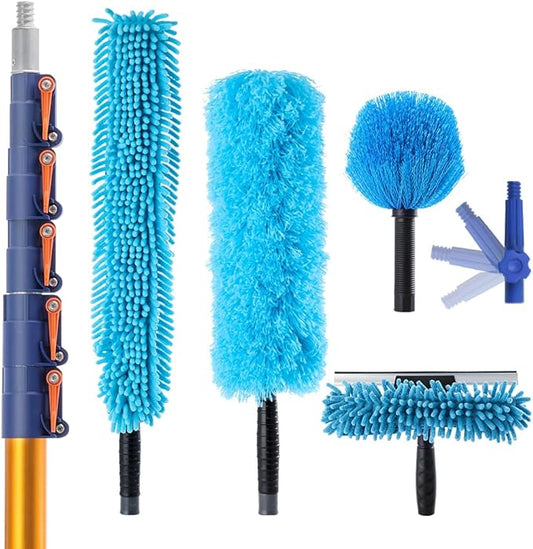 30 FT High Reach Cleaning Kit with 7-30 Foot Telescoping Extension Pole, Flexible Ceiling Fan Duster, Microfiber Feather Duster, Cobweb Duster & Window Squeegee & Washer