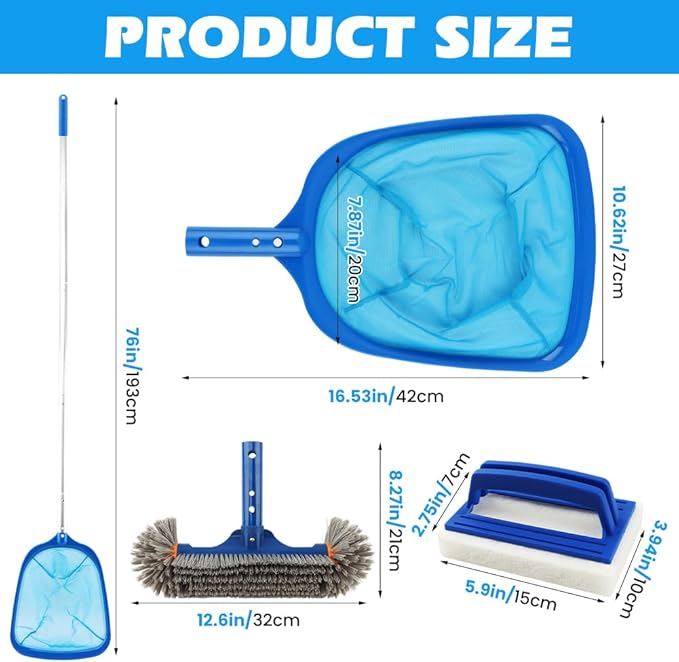 Swimming Pool Cleaning Kit, 12.6 Pool Brush Head, Semi-deep Skimmer Net & Adjustable 76-inch Pole, for Inground & Above Ground Swimming Pools, Removes Debris