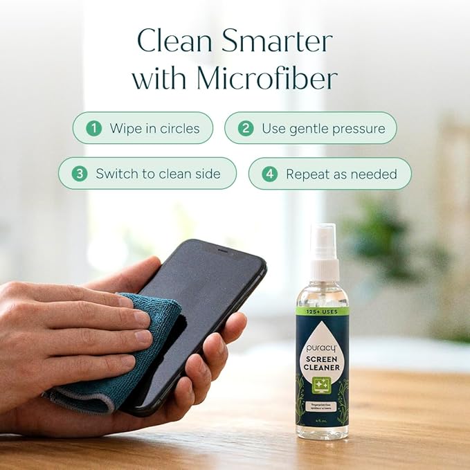 Puracy Screen Cleaner with Microfiber Cloth – All Purpose Phone, Laptop, Computer, TV Car Display Cleaner, Streak-Free and Fingerprint-Free (4 oz, Free & Clear)