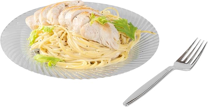 Restaurantware Moderna 7.3 Inch Disposable Forks 250 Recyclable Plastic Cutlery - Crack-Resistant For All Types Of Meals Silver Plastic Party Forks