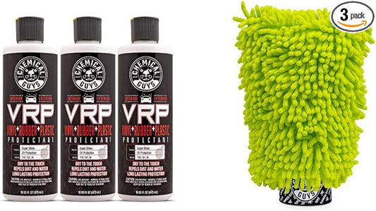 Chemical Guys TVD_107_1603 V.R.P. Vinyl, Rubber and Plastic Non-Greasy Dry-to-The-Touch Long Lasting Super Shine Dressing for Tires, Trim and More, 16 fl oz (3 Pack) and Chemical Guys MIC493 Chenille Premium Scratch-Free Microfiber Wash Mitt, Lime Gree...