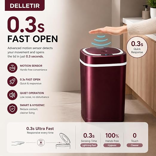 Smart Trash Can, Motion Sensor Trash Can with Lid, 15L Touchless Automatic Garbage Can for Bathroom, Bedroom & Office, Stainless Steel, Quiet Soft-Close, Long Battery Life, Wine