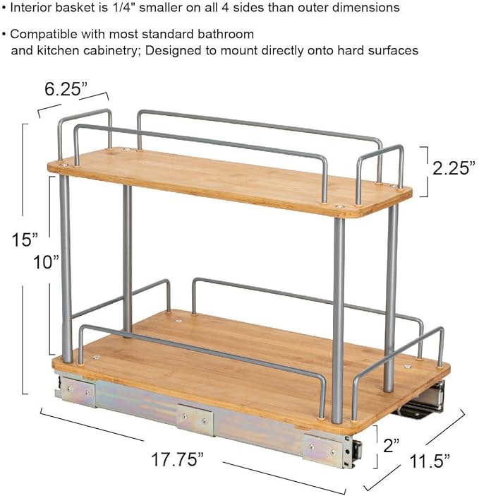 Household Essentials Glidez Steel and Bamboo Pull-Out/Slide-Out Storage Organizer for Under Sink or Cabinet Use - 2 -Tier Design - Fits Standard Size Cabinet or Shelf, Brushed Silver and Natural