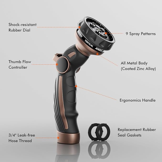 RESTMO Hose Nozzle with Easy Self-Lock Trigger, Heavy Duty Metal Water Hose Sprayer with 9 Spray Patterns and On/Off Valve, High Pressure | Thumb Flow Control, Ideal for Outdoor Lawn & Plant Watering