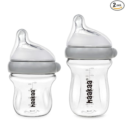 haakaa Gen.3 Natural Glass Baby Bottle Set 4.2oz & 6oz - Wide Neck Anti-Colic Slow Varibale Flow Nipple, 0M+ 3M+ 6M+ Breastfed Babies