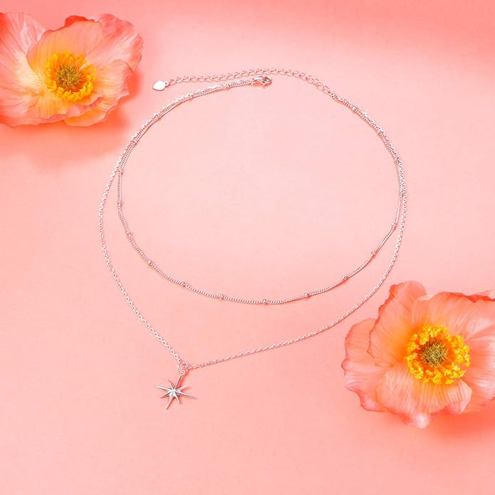 FLYOW Layered Choker Necklace S925 Sterling Silver Star Full Moon Daisy Flower Pendant Disc Jewelry Adjustable Clavicle Necklaces for Women Girls Birthday Gifts