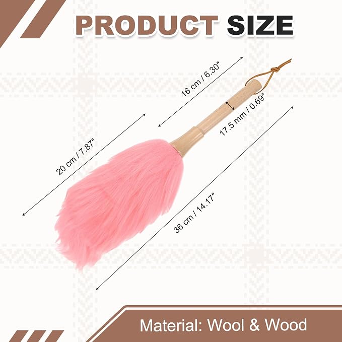 uxcell Wool Duster, 14.2" Natural Feather Cleaner Household Cleaning Duster with Solid Wooden Handle for Cleaning Fans Window Blinds Shelves Furniture, Pink