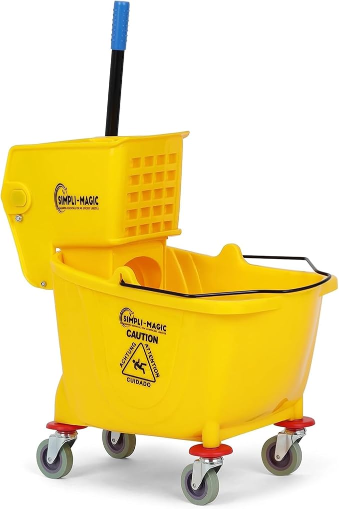 Simpli-Magic Commercial Mop Bucket with Side Press Wringer, 36 Quart, 50,000 Cycles Wringer, Industrial Mop Bucket with Wheels, Yellow, 79538A