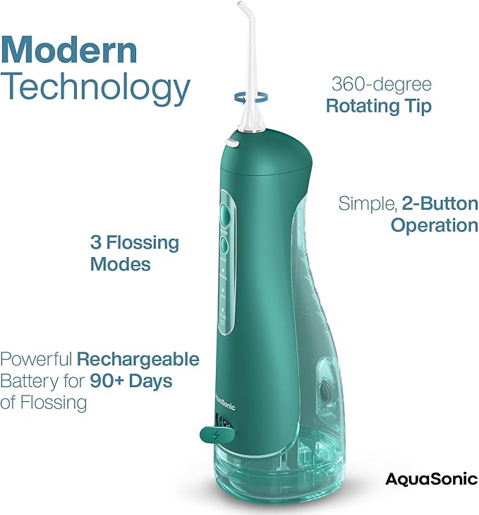 AquaSonic Aqua Flosser PRO - Rechargeable Electric Cordless Water Flosser for Teeth, Gums & Tongue - Waterproof Modern Design, 300ml Large Tank, 3 Modes, 6 Jet Tips, Deluxe Tongue Nozzle - Green