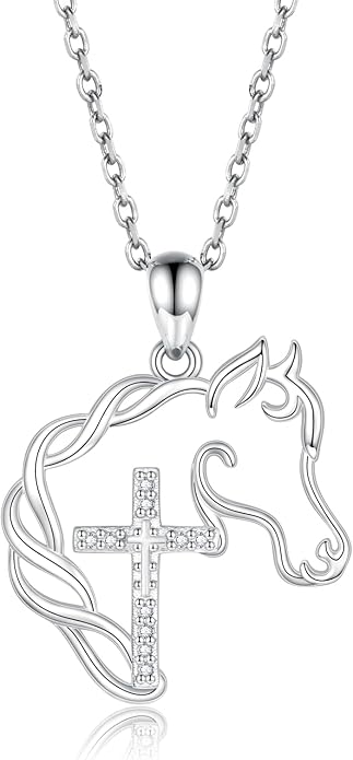 925 Sterling Silver Cross Horse Necklace Pendant Jewelry Gifts for Women
