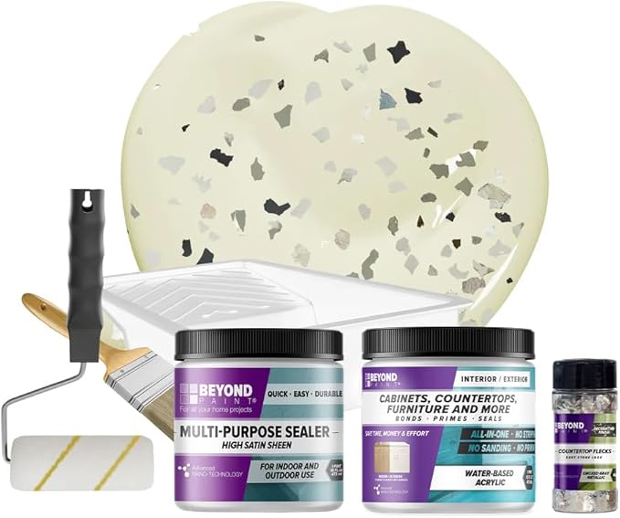 Beyond Paint Smoked Gray Flecks Countertop Makeover Kit with Paint, Sealer, Flecks, and Tools for Countertops, Off White