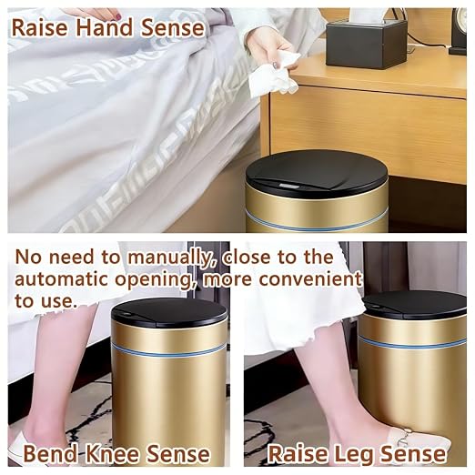 Garbage Can with Lid, Intelligent Sensor Opening and Closing, Small Garbage Can for Living Room, Bedroom, Kitchen and Bathroom (1, Gold)