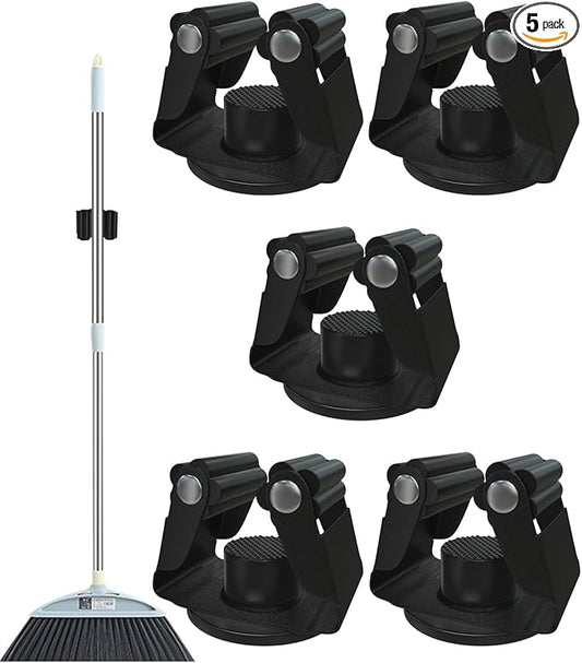 Magnetic Broom Holder, Steel Mop Mount No Drilling Magnetic Holder for Garage Tools, Anti-Slip Utility Mount for Garage, Kitchen, Laundry Tools Organizer and Management - 5 Pack/Black