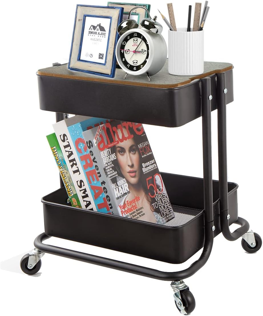 Melody House 2-Tier Metal Utility Rolling Cart Storage Organizer with Cover Board Mobile Trolley Sofa Side Table with Wheels for Office Home Kitchen Organization Black