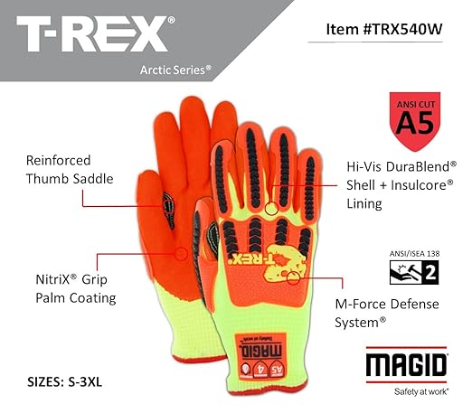 MAGID T-REX Arctic Series ANSI A5 Cut-Resistance, Thermal Impact Gloves, 1 Pair, Waterproof, Hi-Viz Yellow/Orange, Size 9/Large