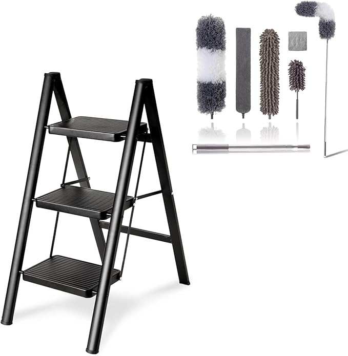 Folding 3 Step Ladder & Microfiber Duster Kit 6 Pcs