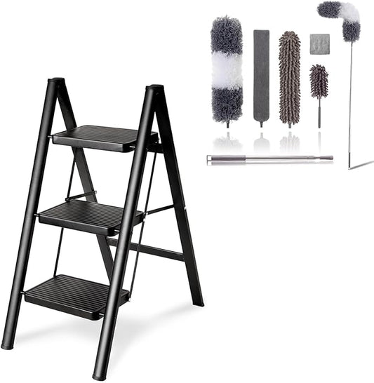 Folding 3 Step Ladder & Microfiber Duster Kit 6 Pcs