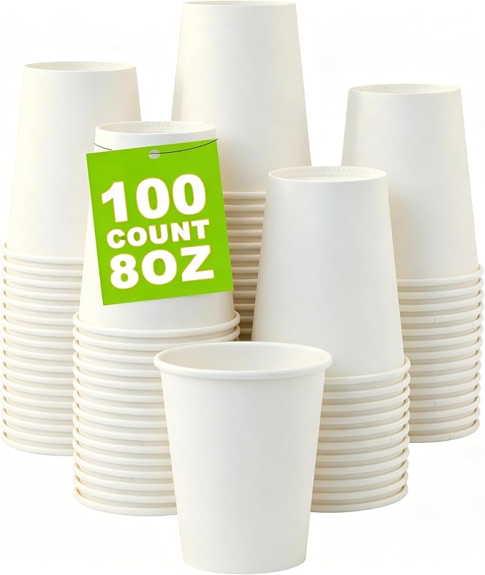 100 Count 8 oz Coffee Cups, Leak-Free Food Safe Paper Cups 8 oz, Disposable White Paper Cups for Cold and Hot