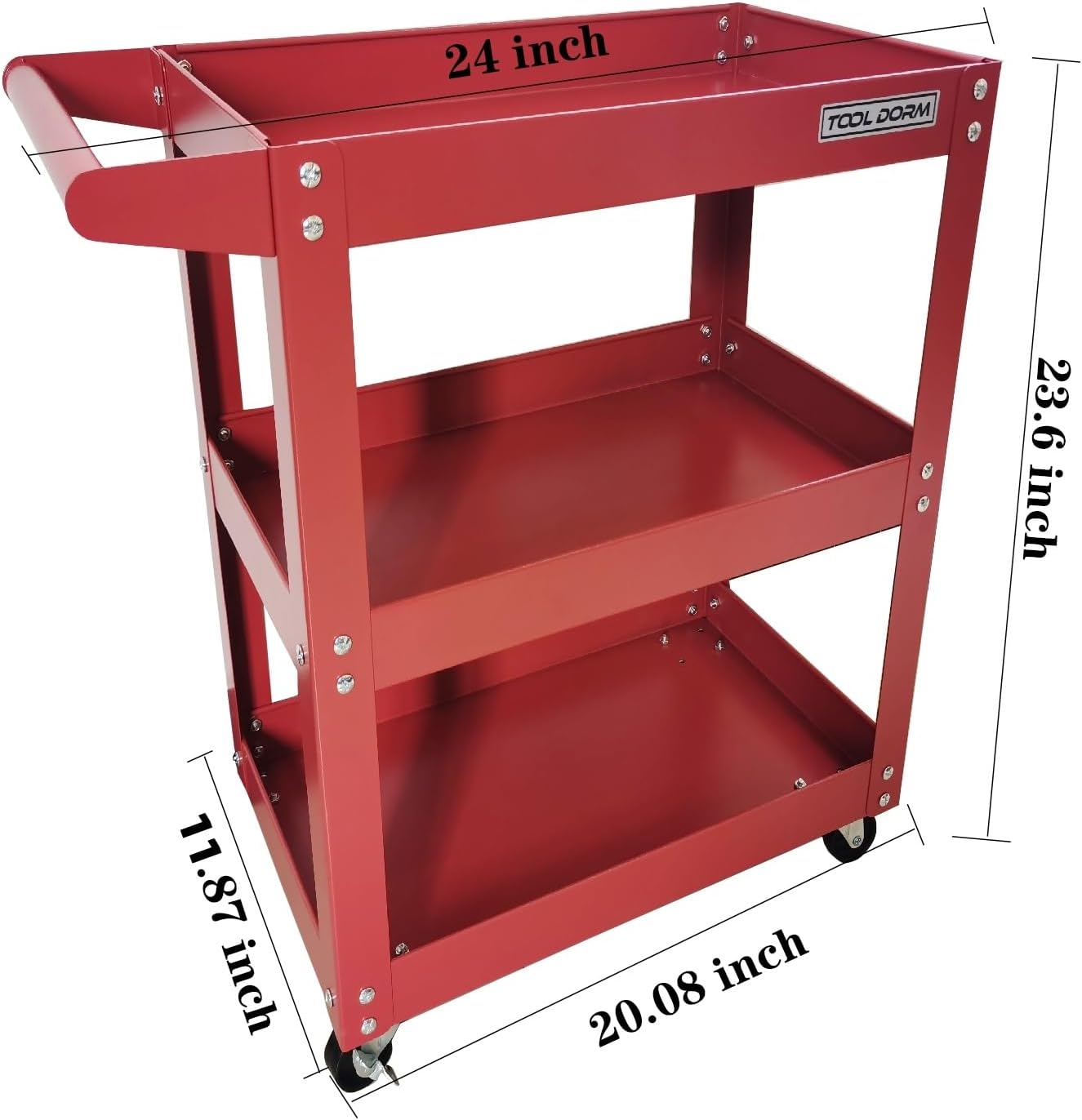 Utility Service Cart, 3 Shelf 150LBS Heavy Duty Steel Rolling Utility Cart, Medium Lipped Shelf, 360° Swivel Wheels, Ergonomic Storage Handle for Warehouse Garage, Red